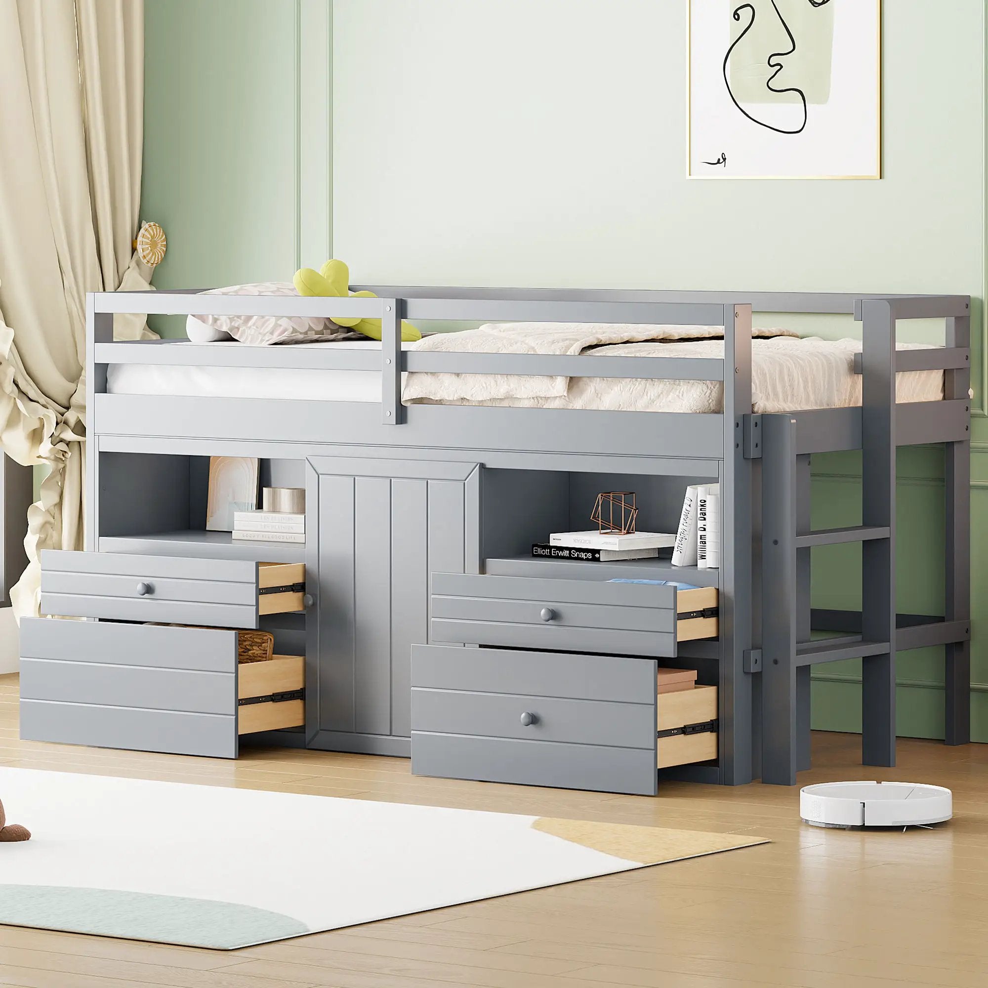 Loft Bed With 4 Drawers, Underneath Cabinet And Shelves