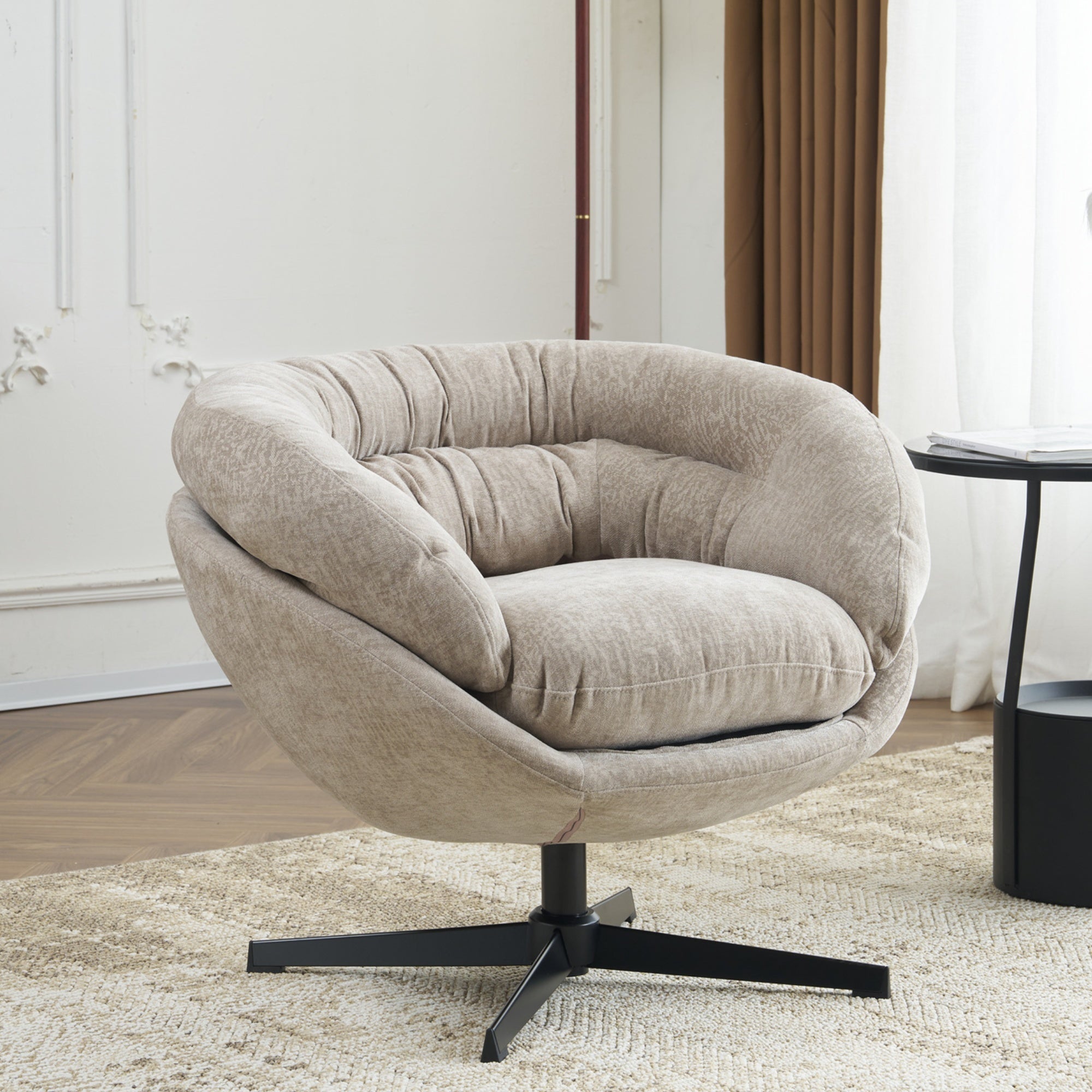 Modern Chenille Office Chair, 360° Swivel Club Chair/Accent Chair with Removable Cushion, Round Office Chair, Black Metal Base, Cotton Material, Living Room, Bedroom, Reading Corner, Office (Brown)