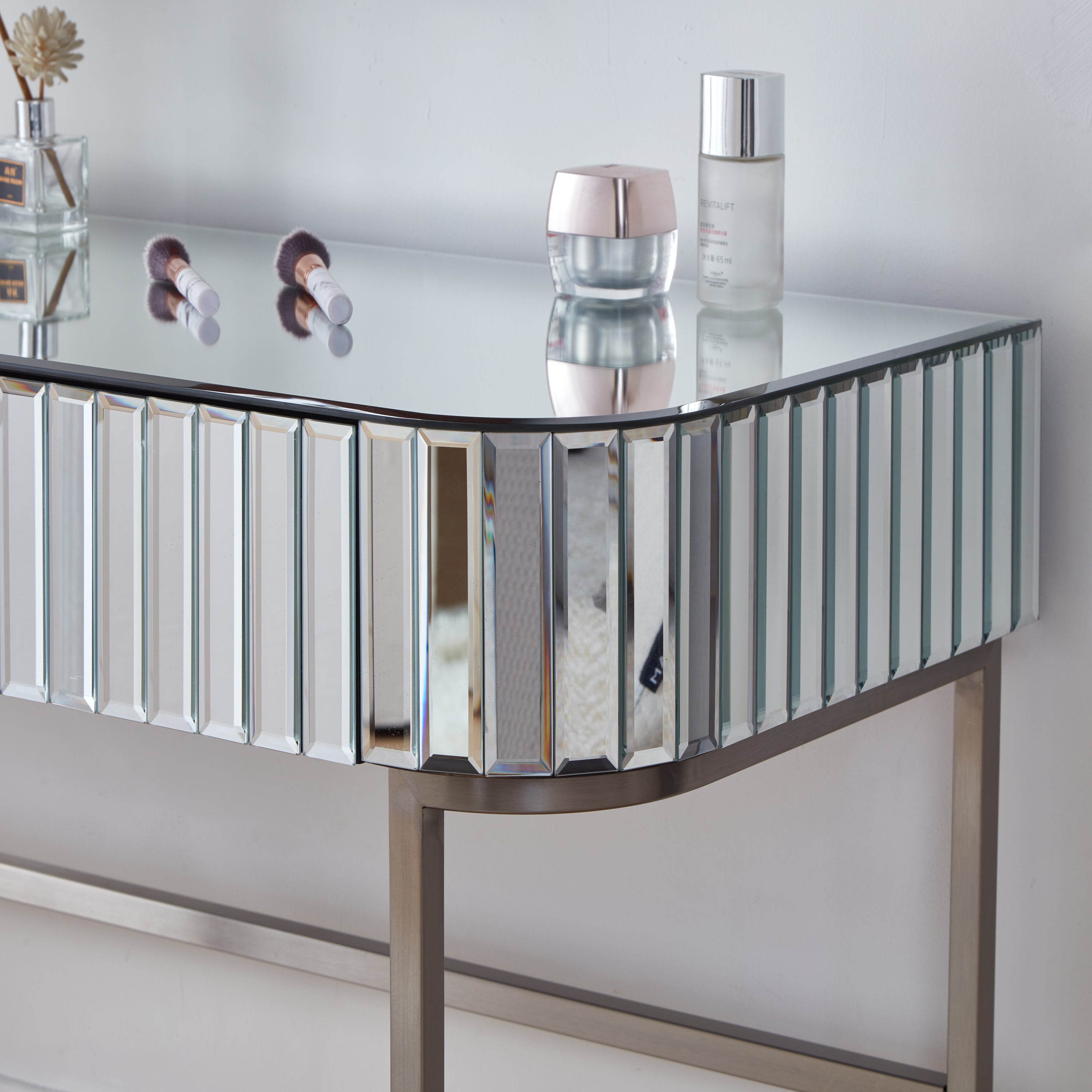 39' Mirrored Makeup Vanity Table with Stainless Steel Base, Mirrored Console Dressing Table with 2 Drawers,Versatile Desk for Bedroom and Office, Silver