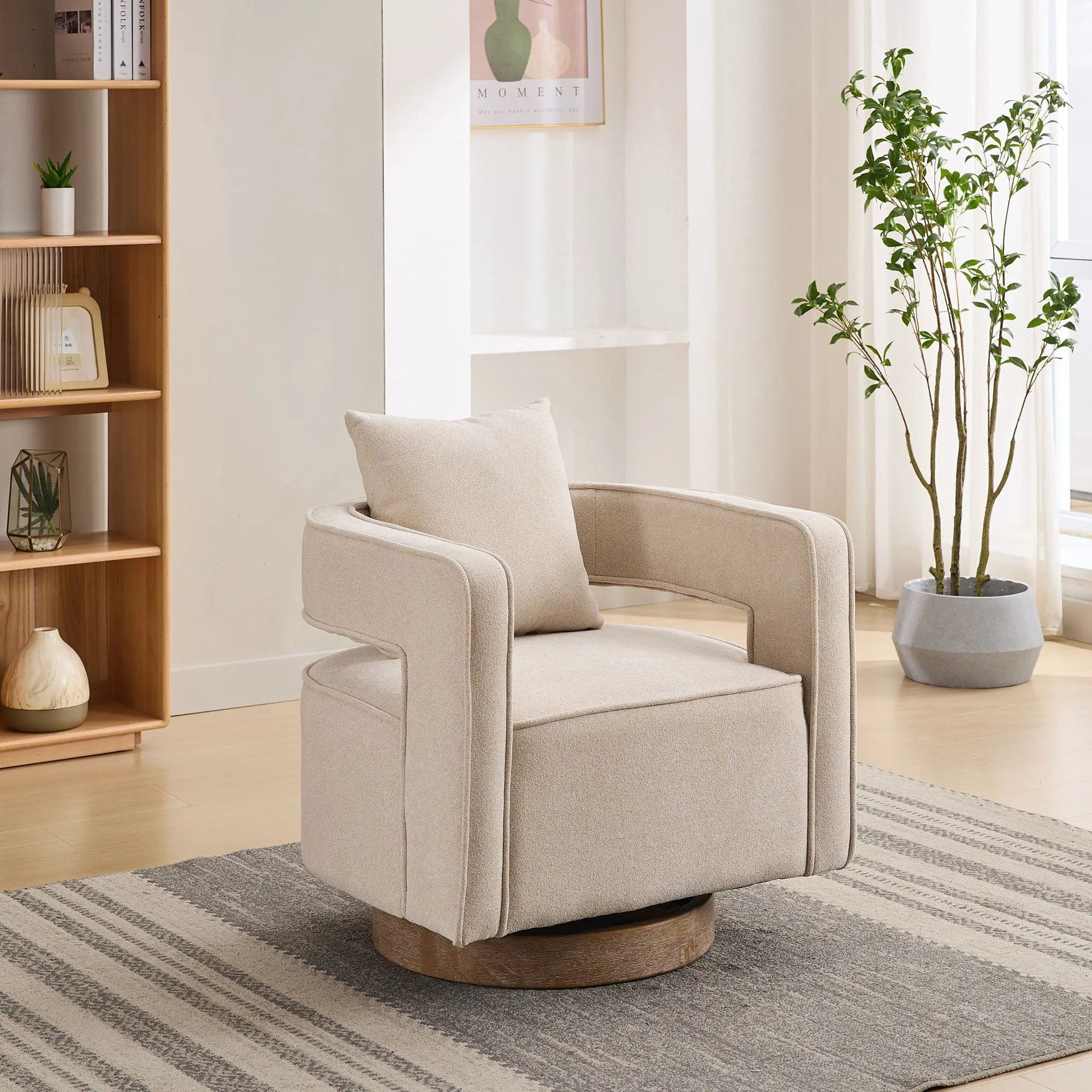 Swivel Accent Open Back Barrel Chair With Weathered Base