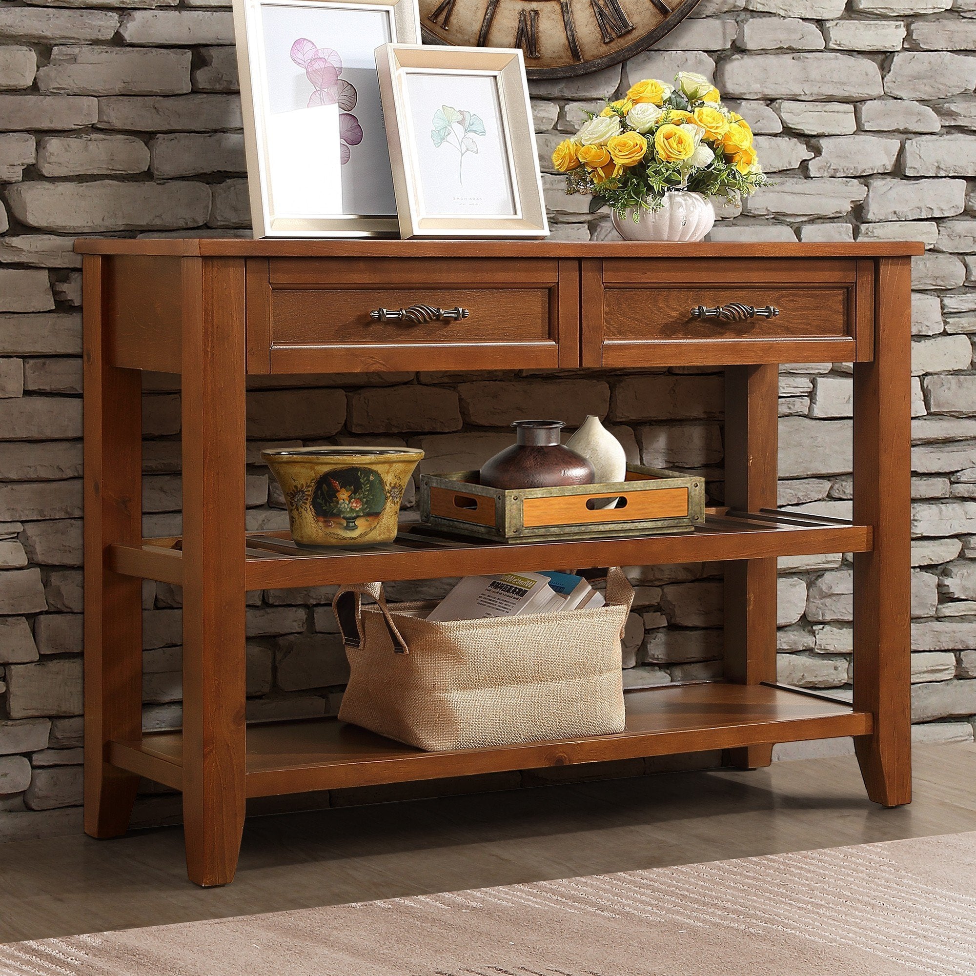 Console Sofa Table with 2 Storage Drawers and 2 Tiers Shelves, Mid-Century Style 42'' Solid Wood Buffet Sideboard for Living Room Furniture Kitchen Dining Room Entryway Hallway, Brown