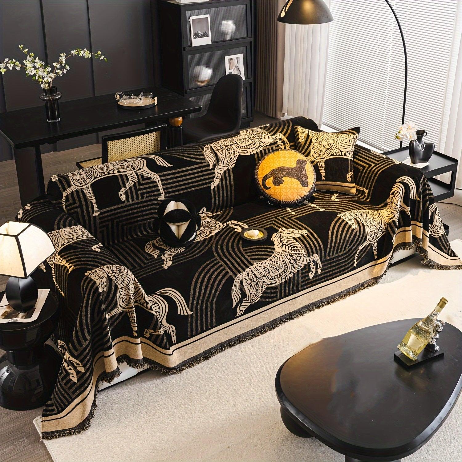 Luxurious Chenille Horse Design Sofa Cover Decor in Orange & Green