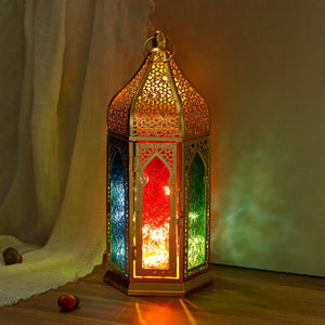 12'' Gold hexagonal Moroccan candle lantern with multicolored glass panels by JHY DESIGN