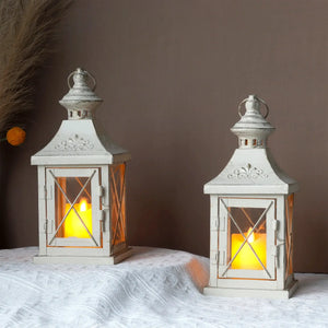 Decorative candle lanterns set of 2 by JHY DESIGN 11-inch high distressed white with glass panes
