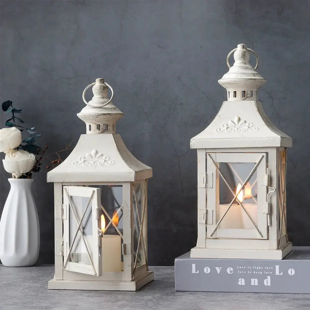 Set of 2 11in high decorative candle lanterns, vintage-inspired white metal with glass panels