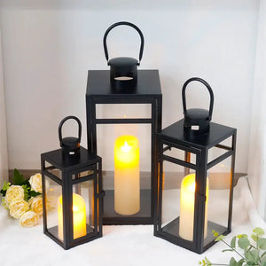 Lantern set of 3 black stainless steel decorative candle lanterns with glass panels and LED candles