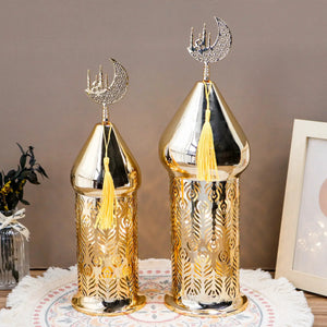 Set of 2 gold electric Ramadan lanterns with intricate lattice metalwork and crescent moon finials.