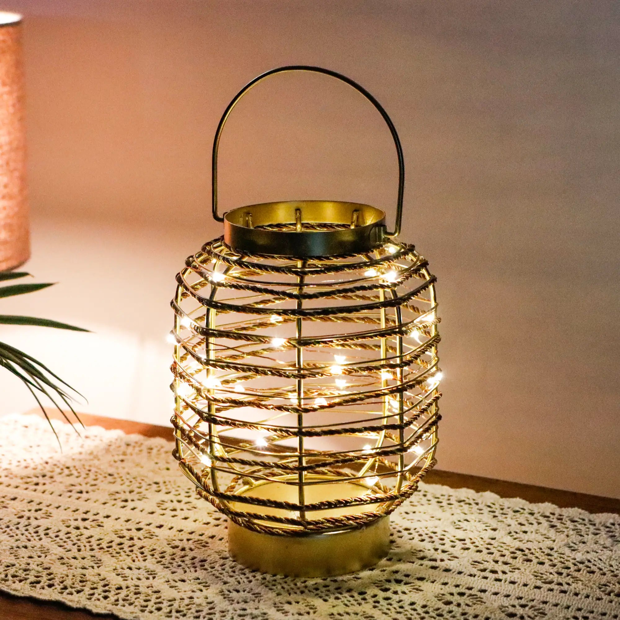 7.7in gold-tone metal cage LED cordless table lamp by JHY DESIGN with warm lights
