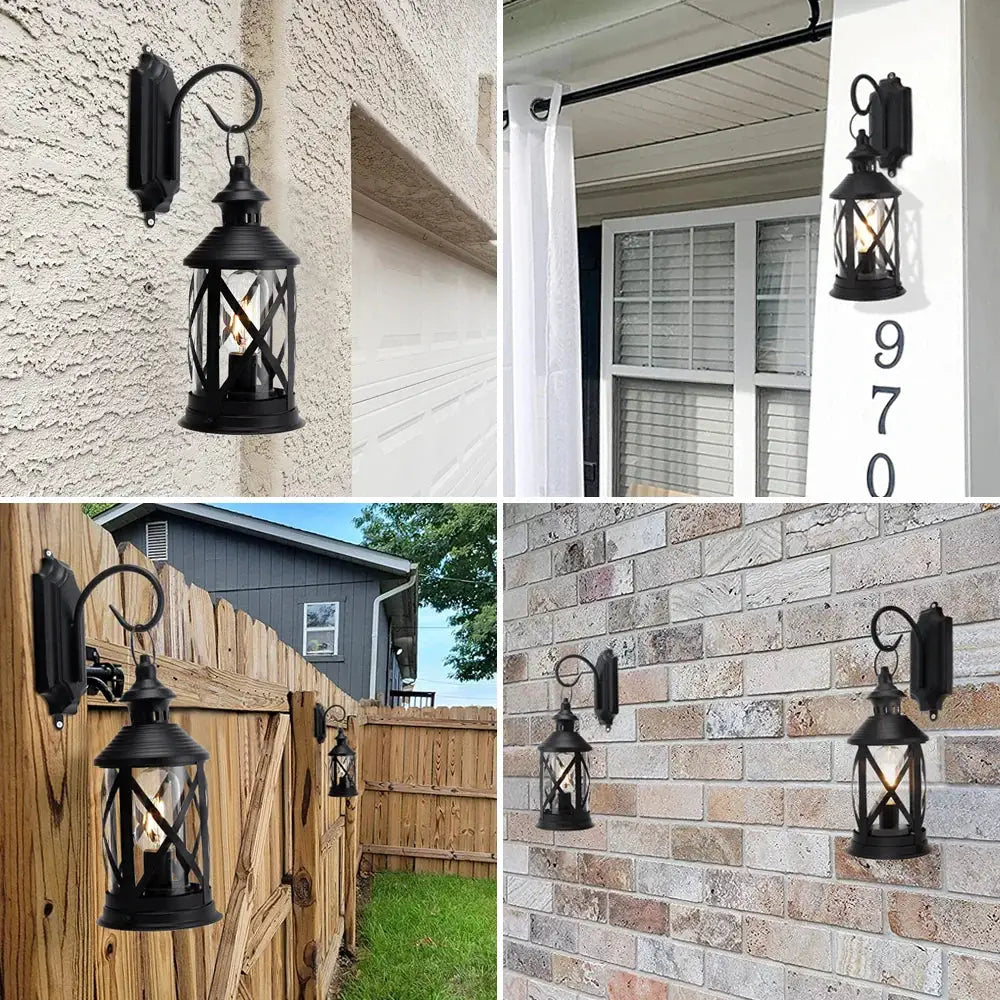 JHY DESIGN 10'' tall battery-powered metal lantern with hook; black outdoor wall lanterns with glass panels (set of 6)