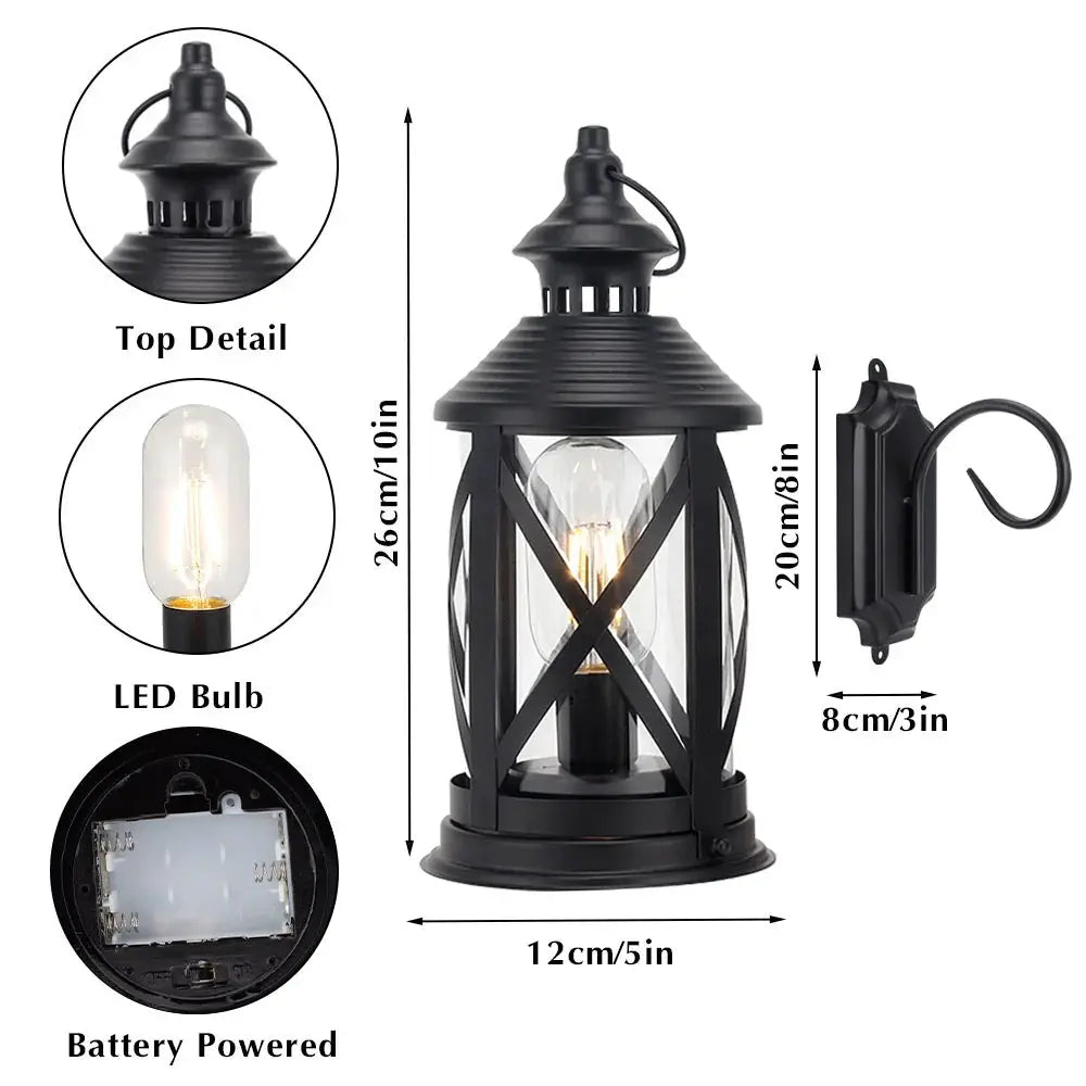 10-inch black metal lantern lamp with hook; battery-powered LED bulb by JHY DESIGN
