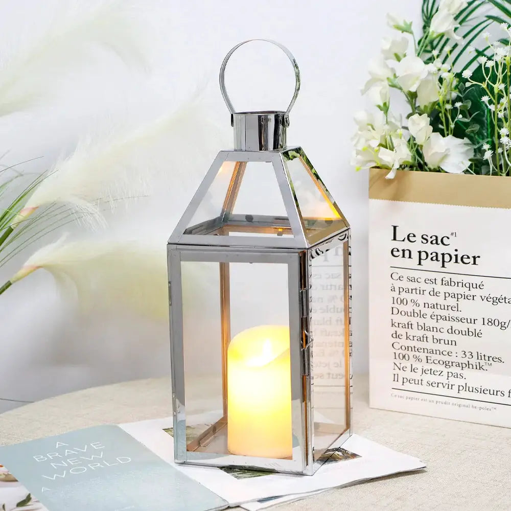 16-inch high decorative lantern by JHY DESIGN, rose gold metal frame with glass panels.