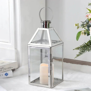 16-inch rose gold decorative candle lantern with glass panels and metal frame.