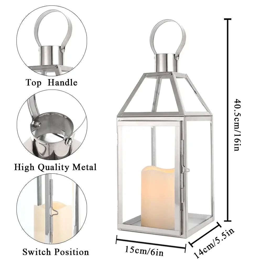 16-inch high decorative lantern by JHY DESIGN, rose gold metal frame with glass panels and a candle inside.