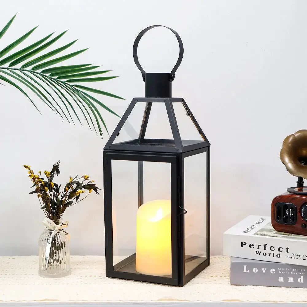 JHY DESIGN 16 inch high decorative lantern with black metal frame, glass panels, candle inside