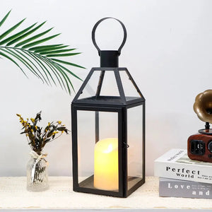 JHY DESIGN 16 inch high decorative lantern with black metal frame, glass panels, candle inside
