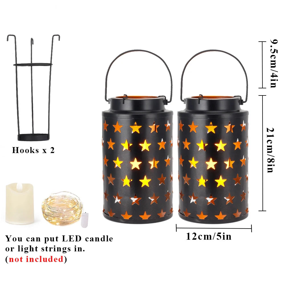 Set of 2 8"H Metal Candle Lanterns with Handle(Hollow Stars)