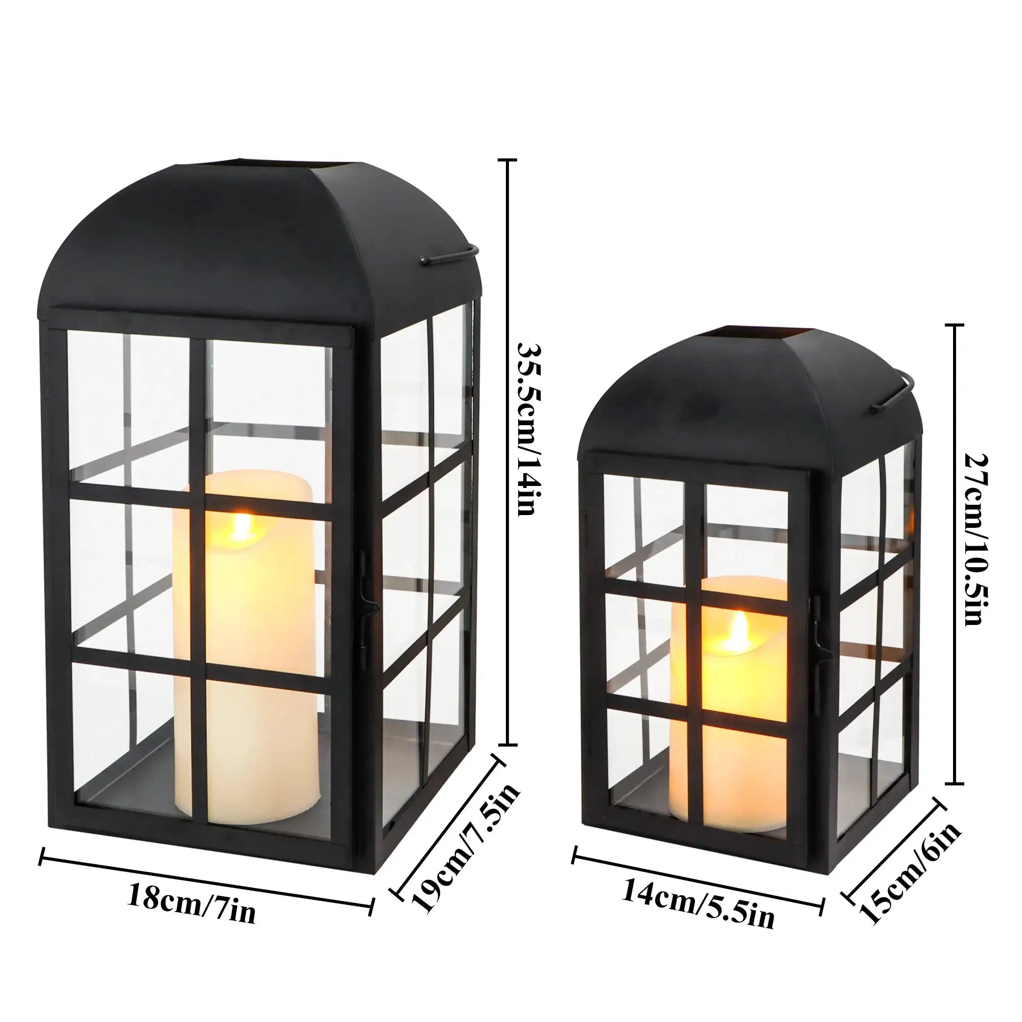 Set of 2 black metal candle lanterns by JHY DESIGN with glass panels and domed tops; sizes 18cm and 14cm.