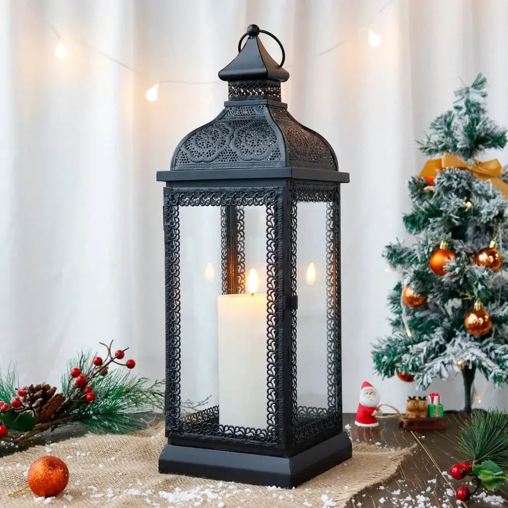 19-inch High Rustic Metal Candle Lantern in black by JHY DESIGN with glass panels and ornate filigree