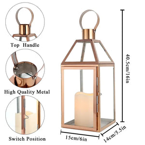 16-inch high decorative lantern by JHY DESIGN in rose gold with glass panels