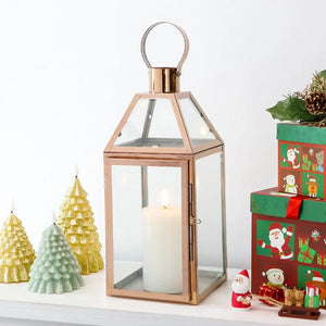 16-inch high decorative lantern by JHY DESIGN, rose-gold glass candle lantern with a lit candle inside