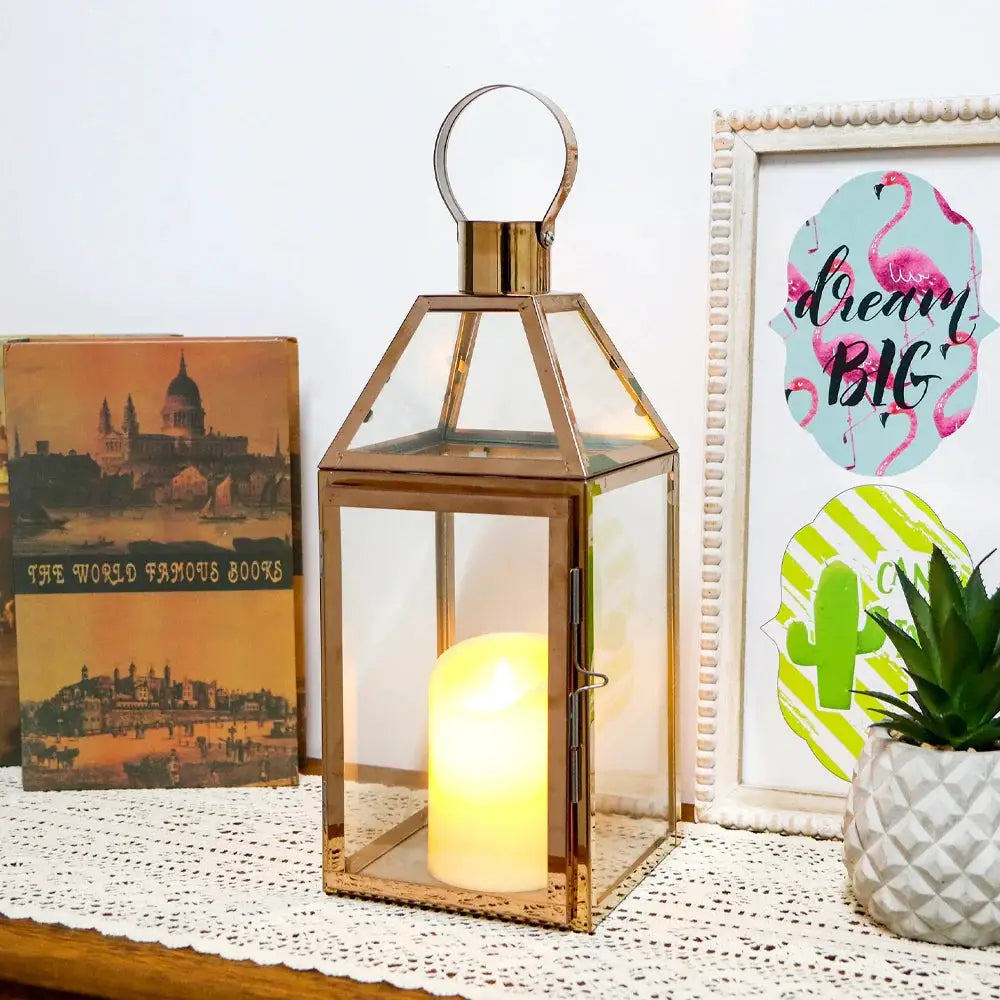 16-inch rose gold decorative lantern by JHY DESIGN with glass panels