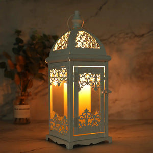 15-inch high decorative candle lantern by JHY DESIGN, white metal with intricate lattice panels and warm glow