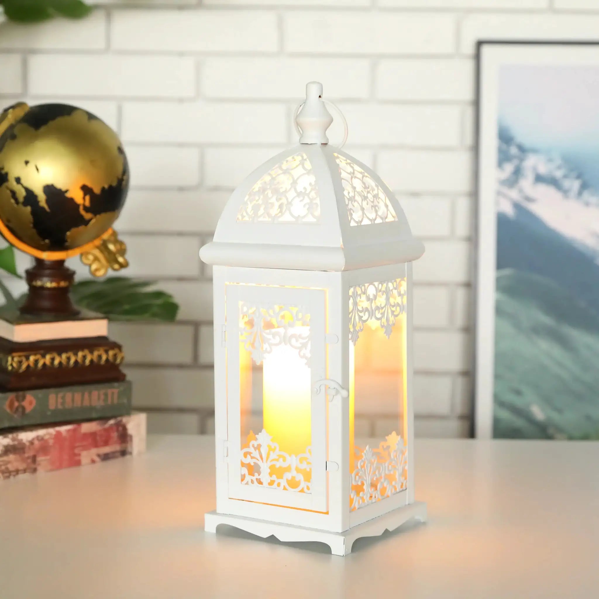 JHY DESIGN 15-inch decorative candle lantern, white metal with ornate cutout panels