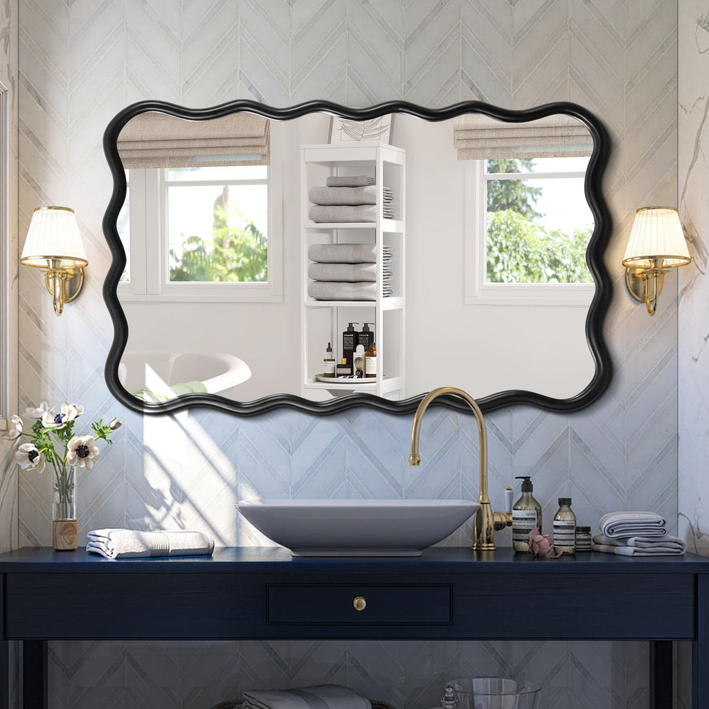 Solid Wood Wavy Rectangle Mirror-Black 40" x 28" Modern Mirror Wall Decor for Bathroom, Bedroom, Living Room, Dining Room, Cloakroom, Entryway