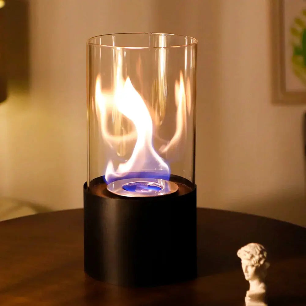 JHY DESIGN portable tabletop firepit with cylindrical glass enclosure and blue flame on black base