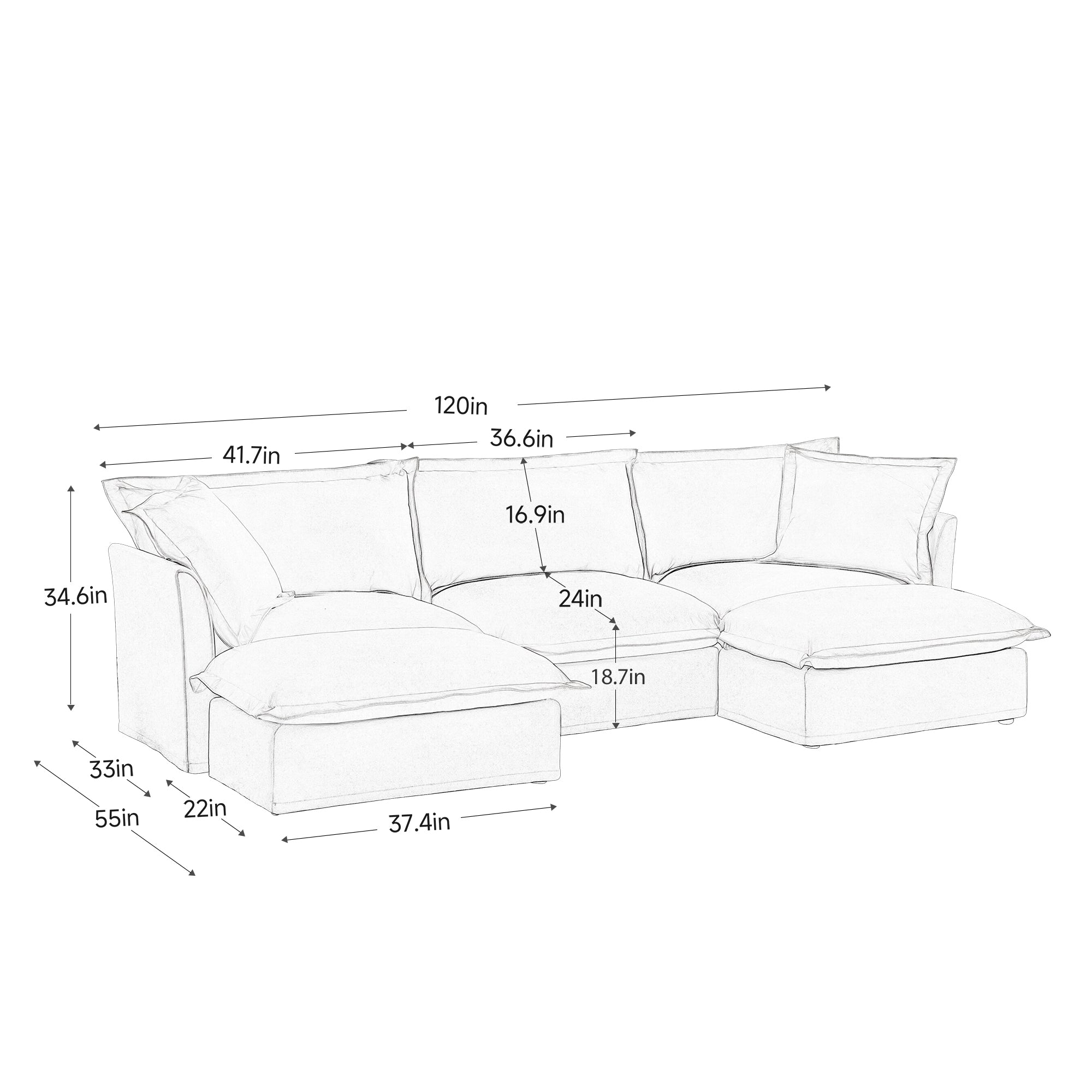 Slipcovered U Shape Sectional Deep Seat Sofa Couch, 3 Seater Sofa with French Edges Design Multiple Big Pillows, Modular Deep Seat Sectional Sofa Comfy Cloud Couch for Living Room, Apartment,Chenille