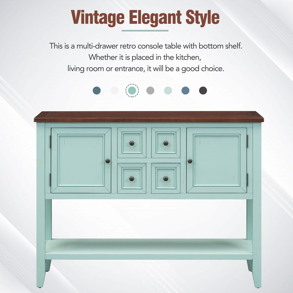 TREXM Cambridge Series  Ample Storage Vintage Console Table with Four Small Drawers and Bottom Shelf for Living Rooms, Entrances and Kitchens (Retro Blue, OLD SKU: WF190263AAC)