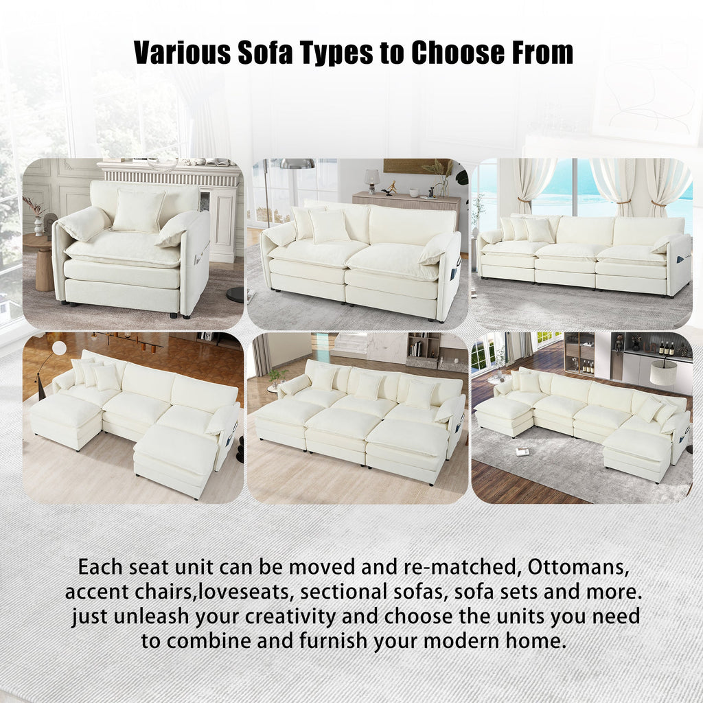 Deep Seat Sectional Sofa Cloud Couch with Ottoman,  Modern Chenille Comfy Love Seat Upholstered Modular L Shaped Couch for Living Room, Apartment, Office,DIY Combination,Beige