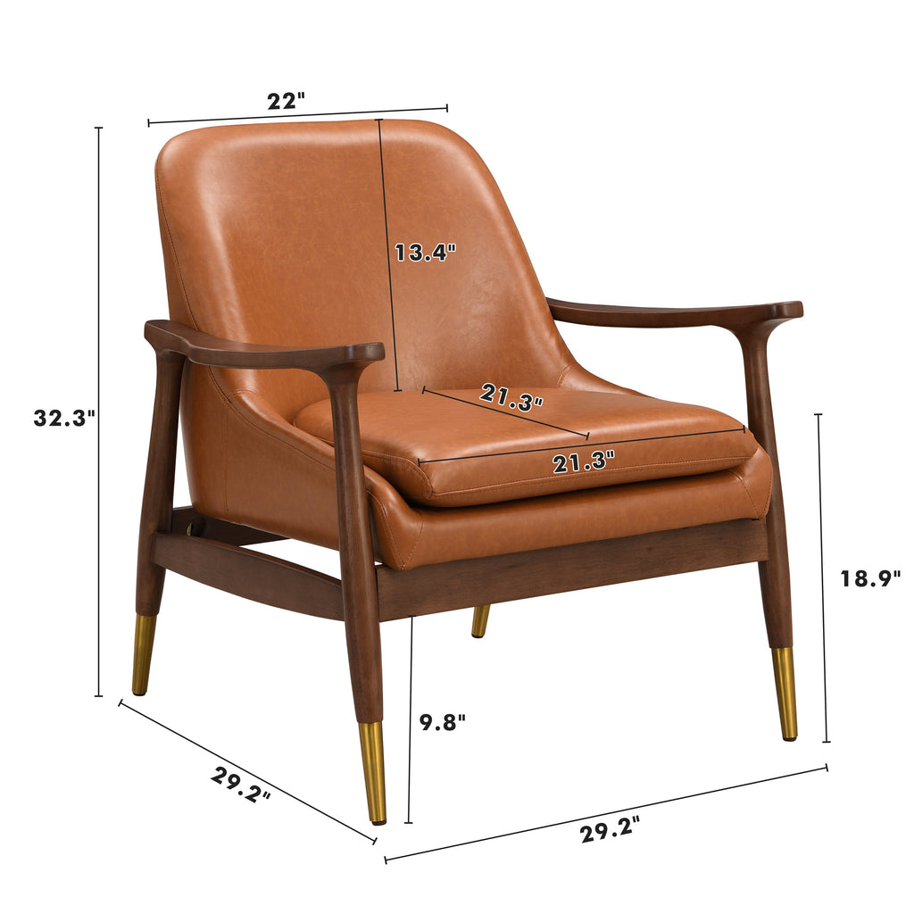 Mid-Century Faux Leather Accent Chair with Cushioned Seat, Solid Wood Frame, Brass-Tipped Legs, Brown