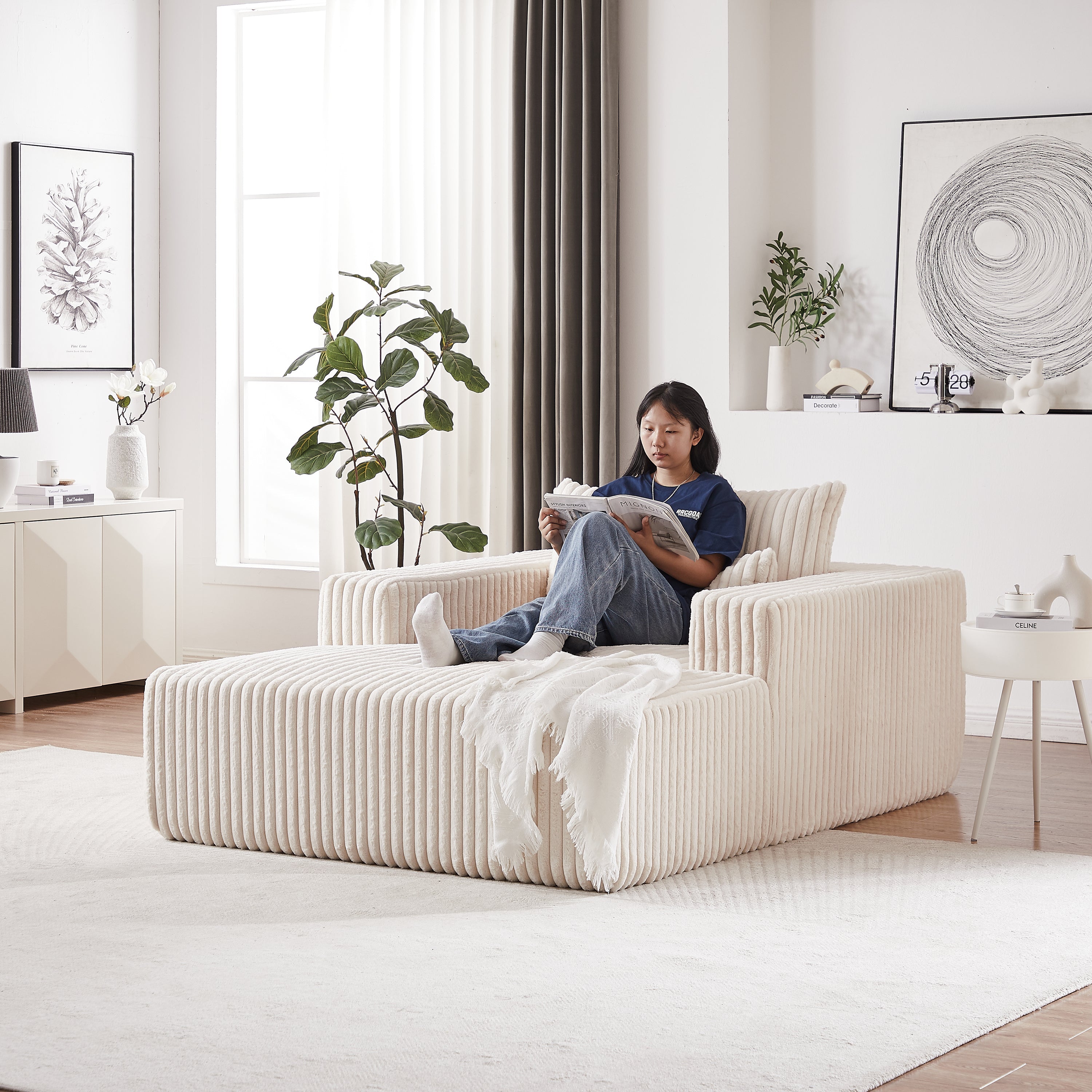 75-Inch Corduroy Sponge Sofa Lounge Chair,No Assembly Required,Fluffy Modern Sleeper Chair for Indoor Living Room Bedroom