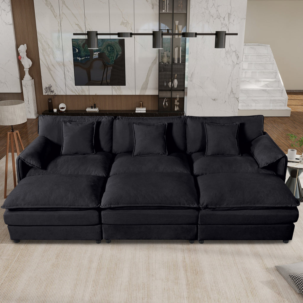 Oversized Deep Seat Sectional Cloud Sofa Sleeper with 3 Ottomans & Soft Pillows, Modular Couch Bed for Living Room, Apartment, DIY Combination Chenille,Black