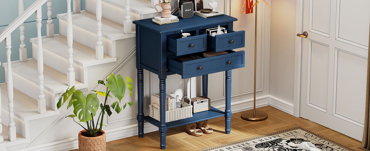 TREXM Narrow Console Table, Slim Sofa Table with Three Storage Drawers and Bottom Shelf (Navy)
