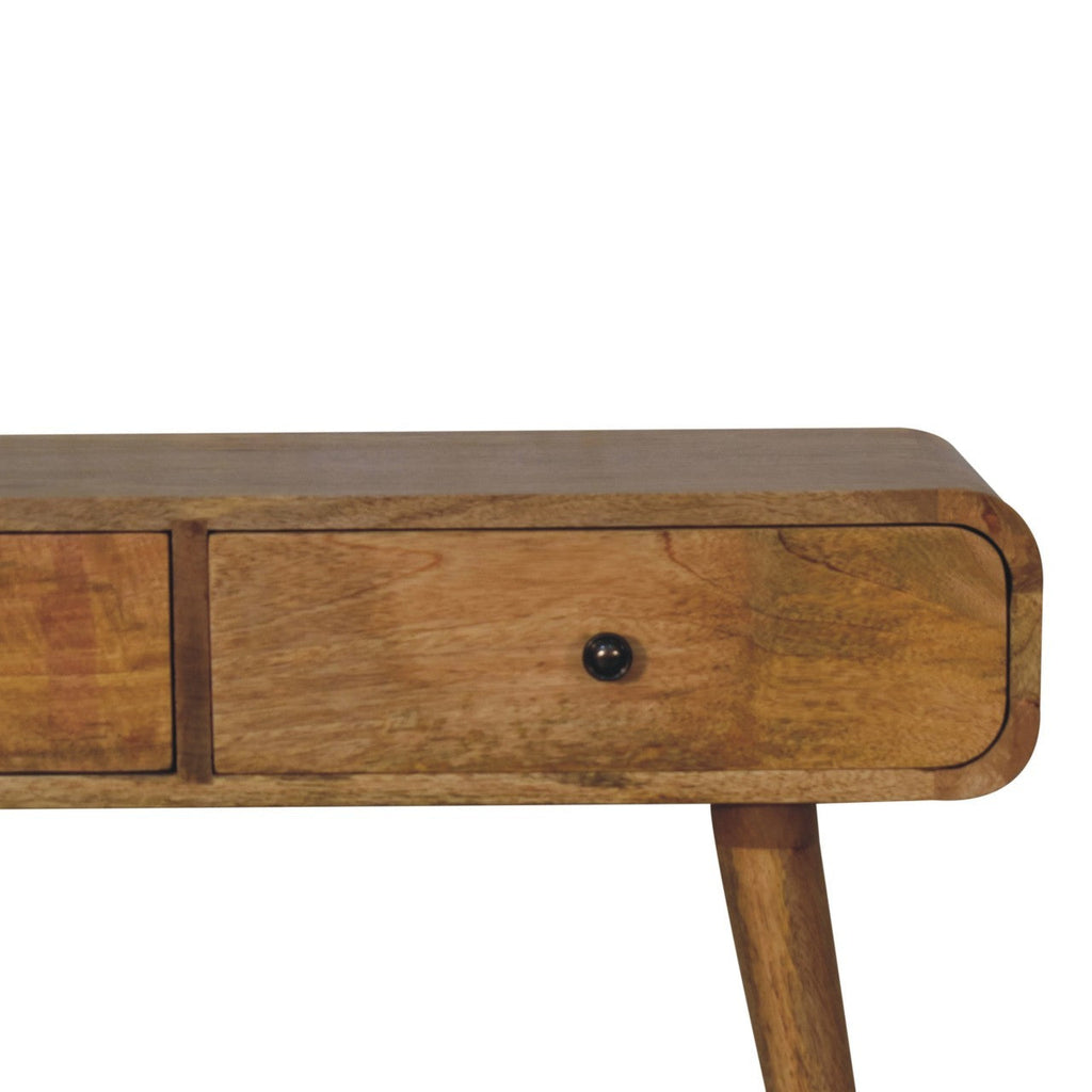 Solid Wood Oak-ish Curved Hallway Table, Artisan, 2-Drawers, Nordic Legs, Light Brown