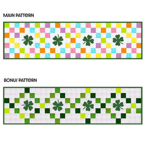 Shamrocks Table Runner Pattern by Block Party Quilt Co; includes 2 patterns, colorful checkerboard with green shamrocks.