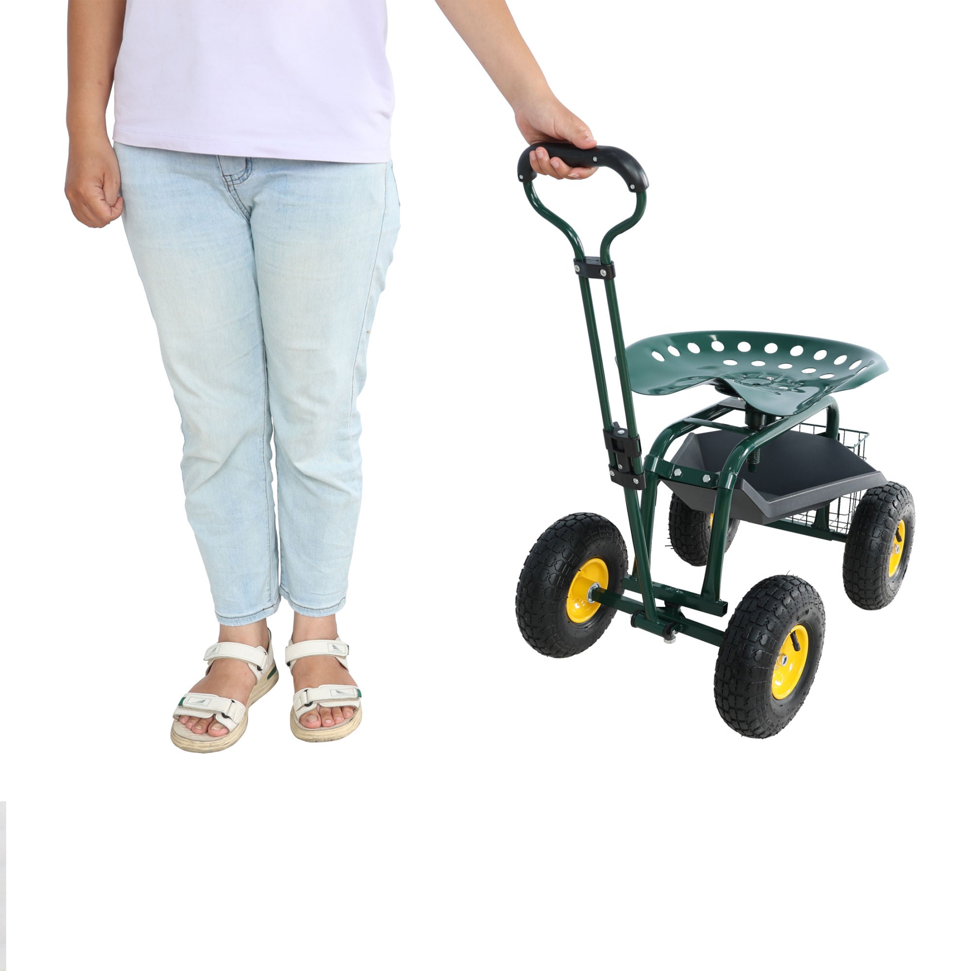Garden trolley Rolling work chair with wheels, garden stool for planting, 360 degree swivel seat, station wagon scooter with steering handle and utility tray, for yard and outdoors, (green)