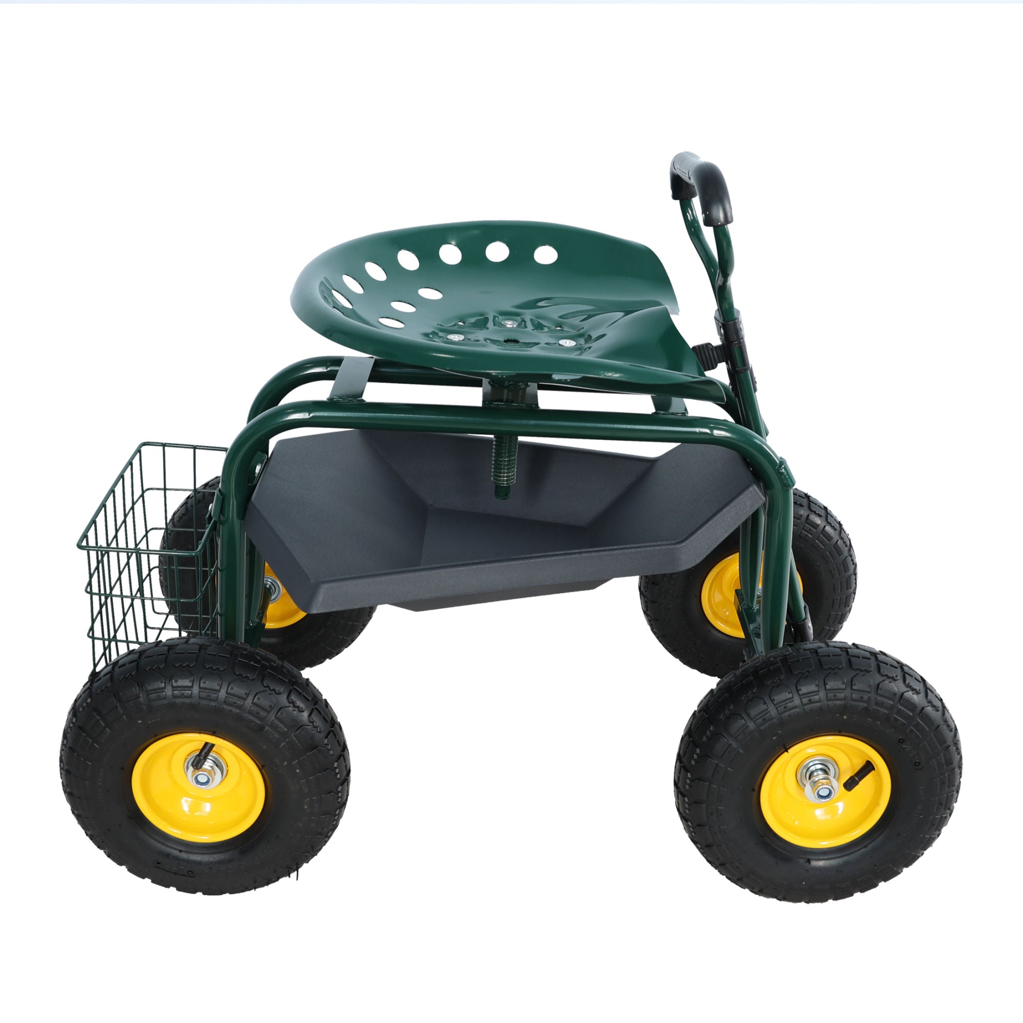 Garden trolley Rolling work chair with wheels, garden stool for planting, 360 degree swivel seat, station wagon scooter with steering handle and utility tray, for yard and outdoors, (green)