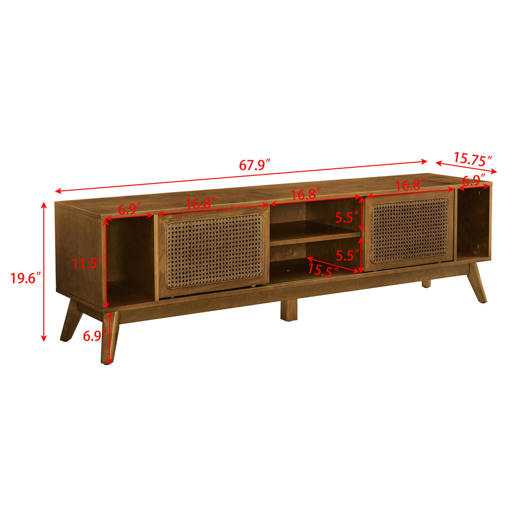 67.9 Inch Mid Century Modern Rattan TV Stand for TVs up to 75', Entertainment Cabinet, Media Console for Living Room Media Room, Solid Wood Feet & Rattan Cabinet Doors - Light Walnut