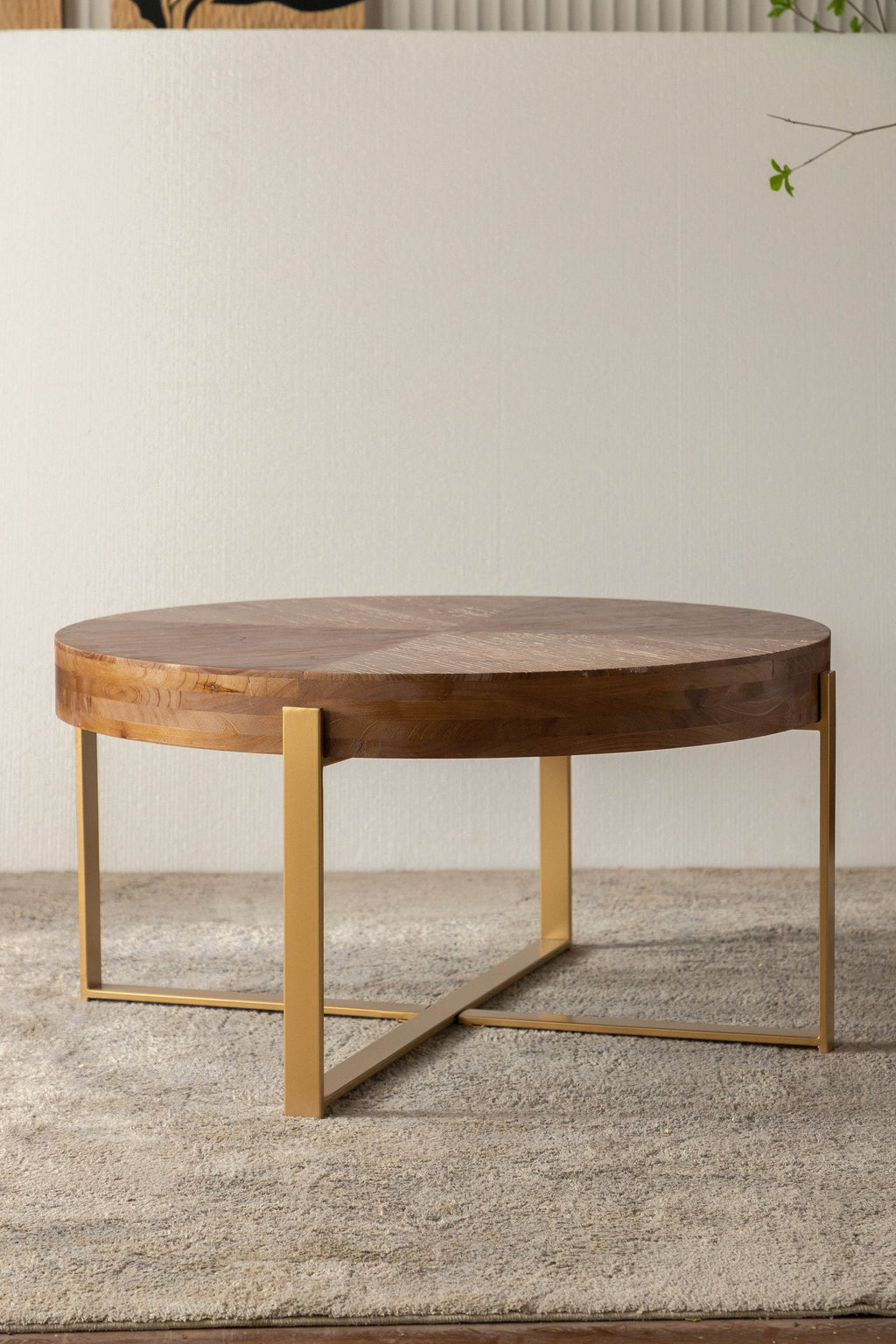 33.86"Modern Retro Splicing Round Coffee Table,Fir Wood Table Top with Gold Cross Legs Base(Same SKU:W757126236)