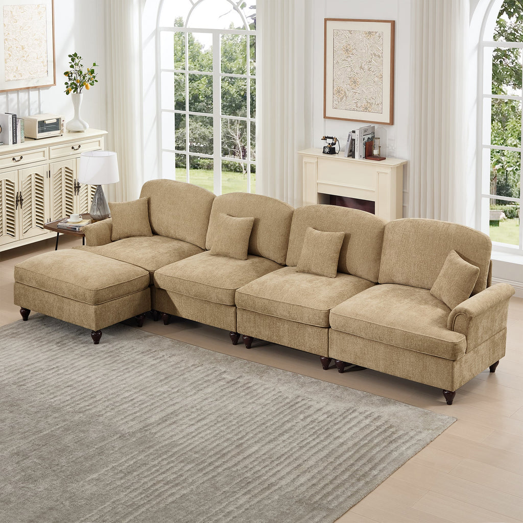 Classic Three Seater Modular L Shaped Sectional Couch with Flared Arms and Removable Ruffles Pleats Skirts and Spindle Legs, Comfy Chenille Four-Seat Deep Seat Sofa with Movable Ottoman, Light Coffee
