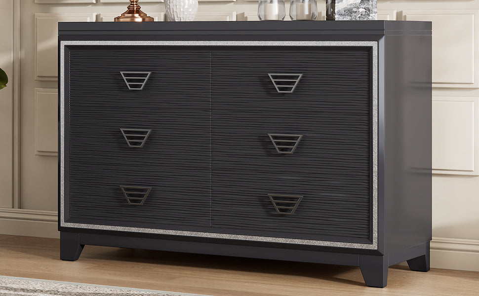 Elegant Dresser with Metal Handle and Sparkling Shiny Decoration, Storage Cabinet with 6 Drawers for Bedroom, Living Room, Black