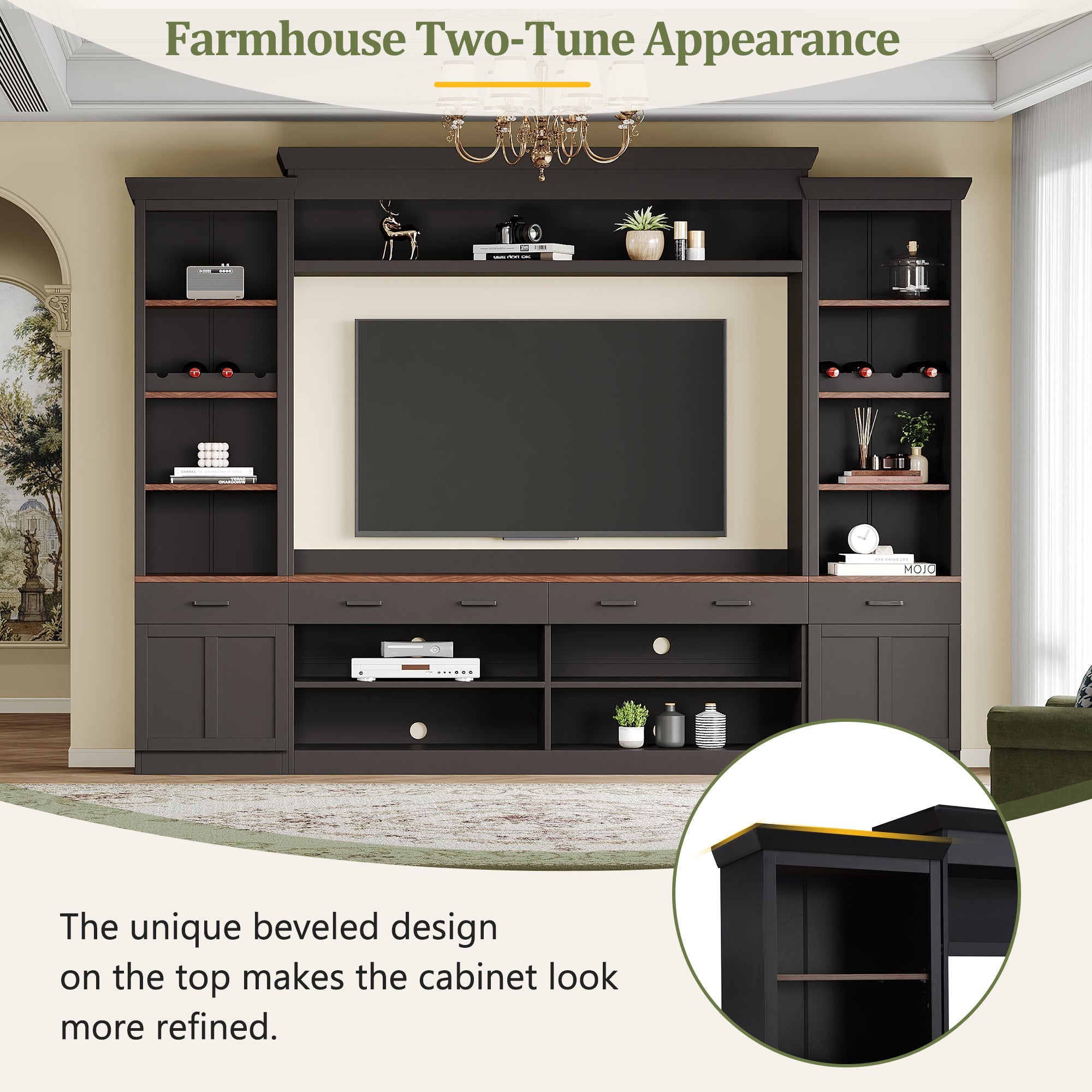 ON-TREND Farmhouse 4-Piece Entertainment Wall Unit Set with Bookshelf for TVs Up to 70', Walnut TV Stand with Adjustable Shelves, Mid-Century Large Media Console with Wine Rack for Living Room, Black