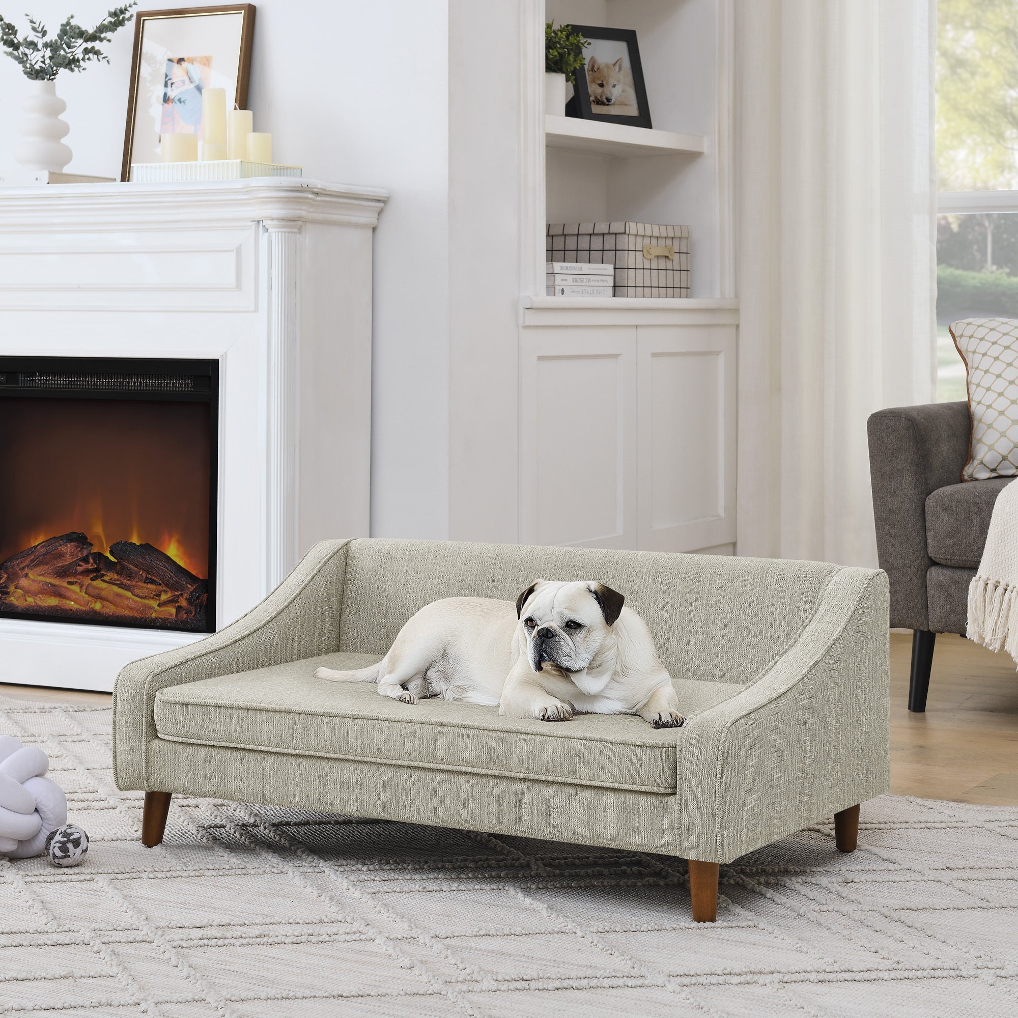 Durable Elevated Dog Sofa Bed,Pet sofa with modern irregular armrest design,Comfortable soft dog sofa-Beige