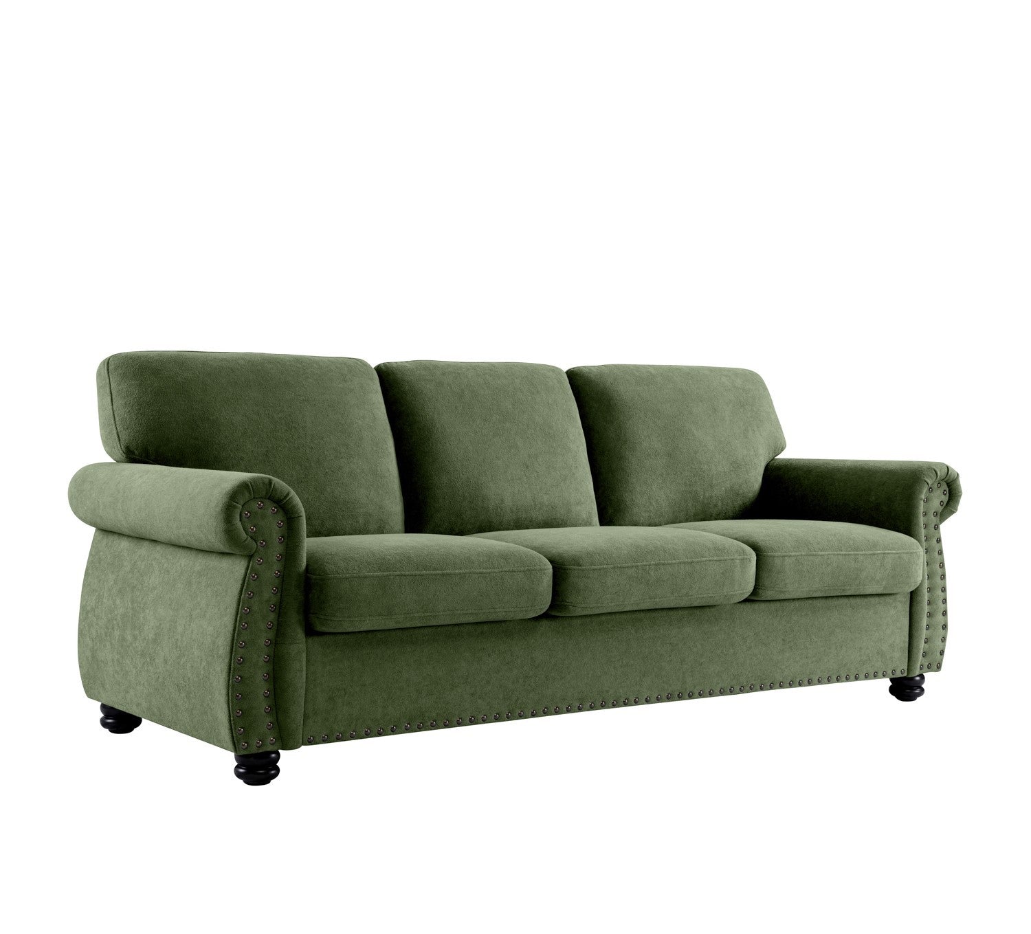 Soft Velvet Sofa, Upholstered 3 Seater Couch with High-Density Foam, Loose Back Cushions and Solid Wood Turned Legs, Chic Living Room Furniture for Home, Apartment and Office, Green