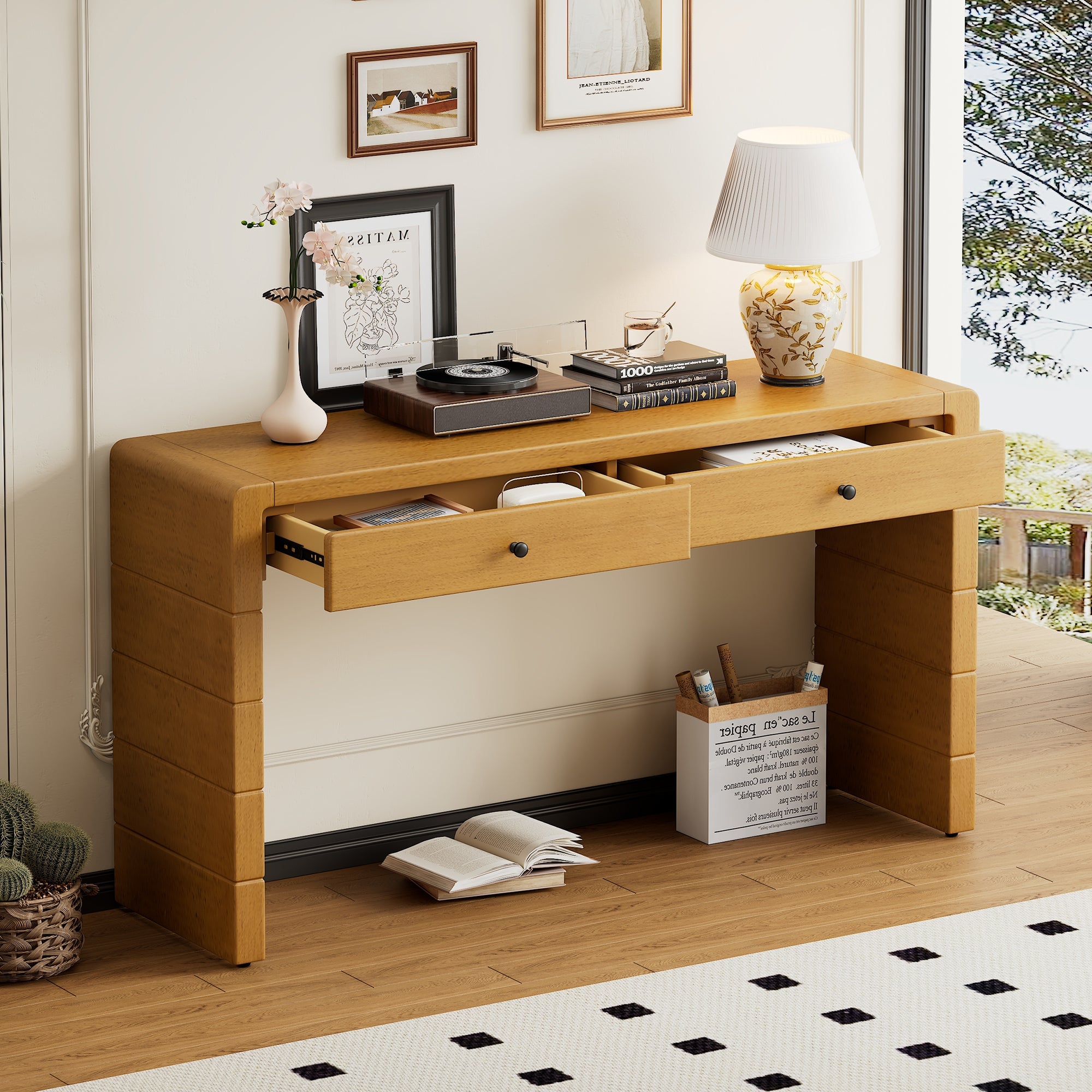 TREXM Curved Console Table with Storage, Wooden Entryway Table with 2 Drawers, Farmhouse Rustic Console Tables for Entryway, Hallway, Living Room, Natural