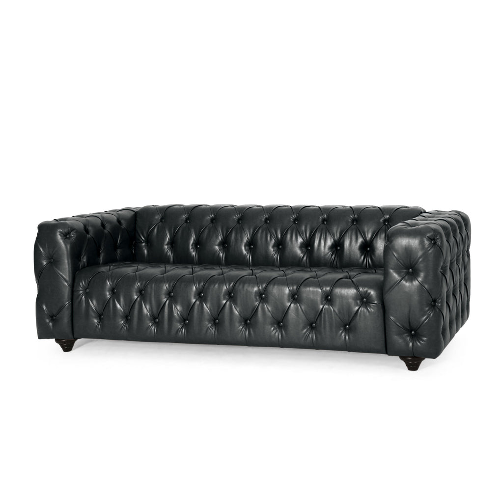 Mirod Comfy 3-Seat Sofa with Wooden Legs, PU Upholstery, Black, 83.5'' Width