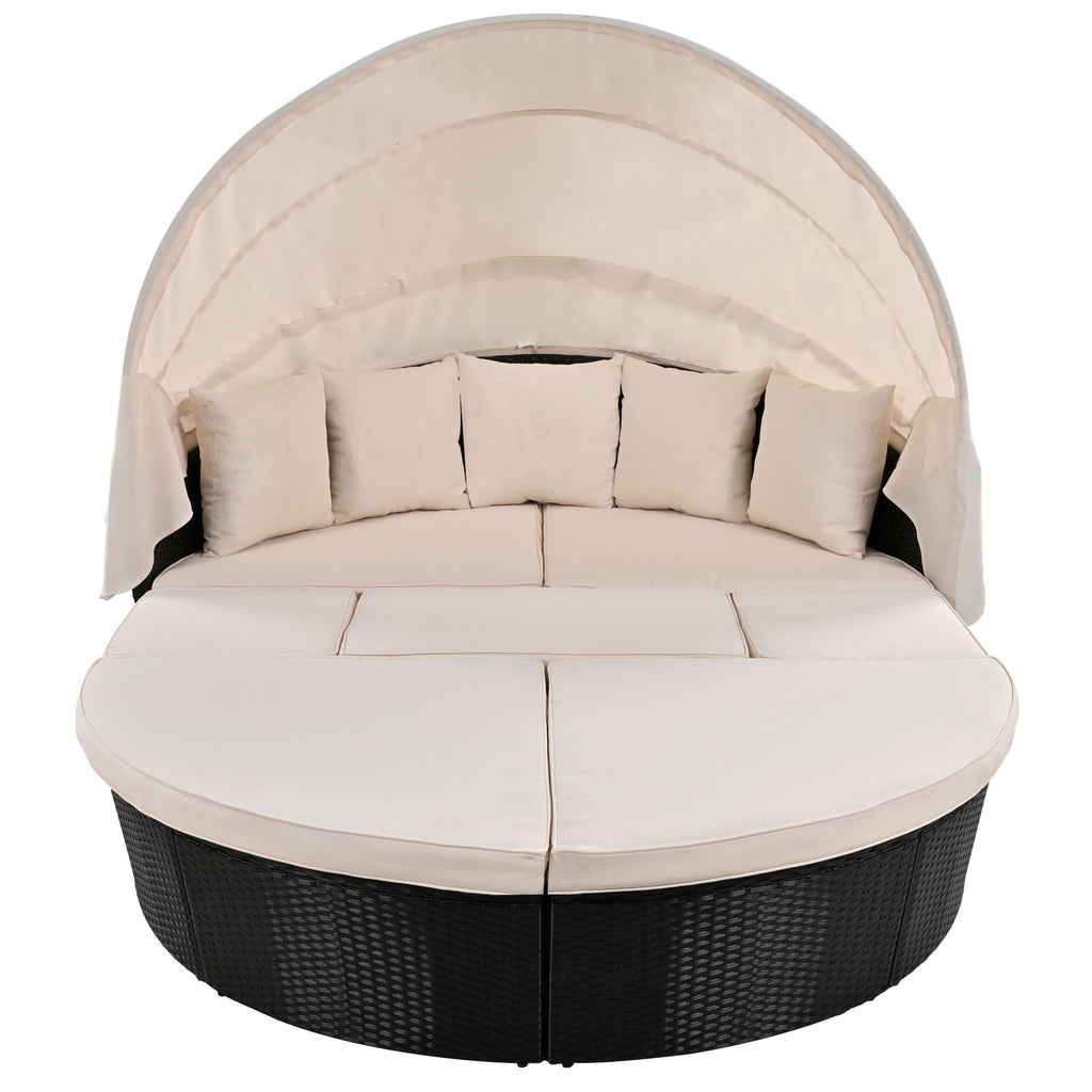 GO Outdoor rattan daybed sunbed with Retractable Canopy Wicker Furniture, Round Outdoor Sectional Sofa Set, black Wicker Furniture Clamshell Seating with Washable Cushions, Backyard, Porch, Beige